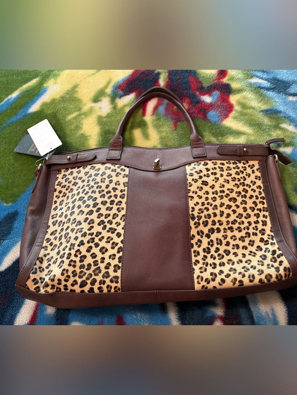 American Darling Brown Leather Tote with Leopard hide Panels. ADBGI145B